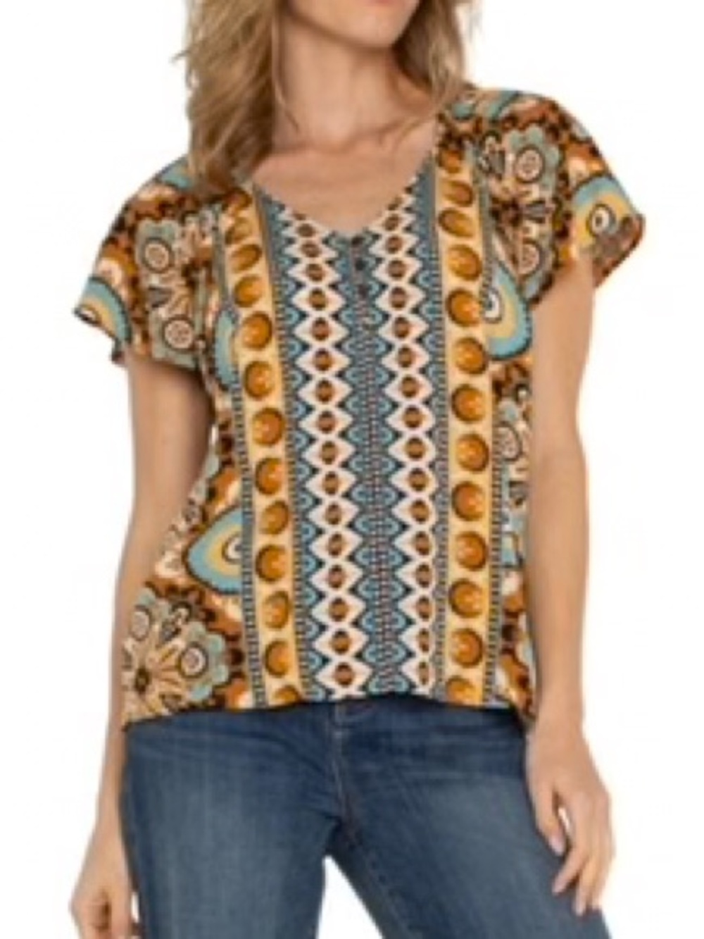 Liverpool Los Angeles Ocean Jasper Flutter Short Sleeve V Neck Top Size M Boho